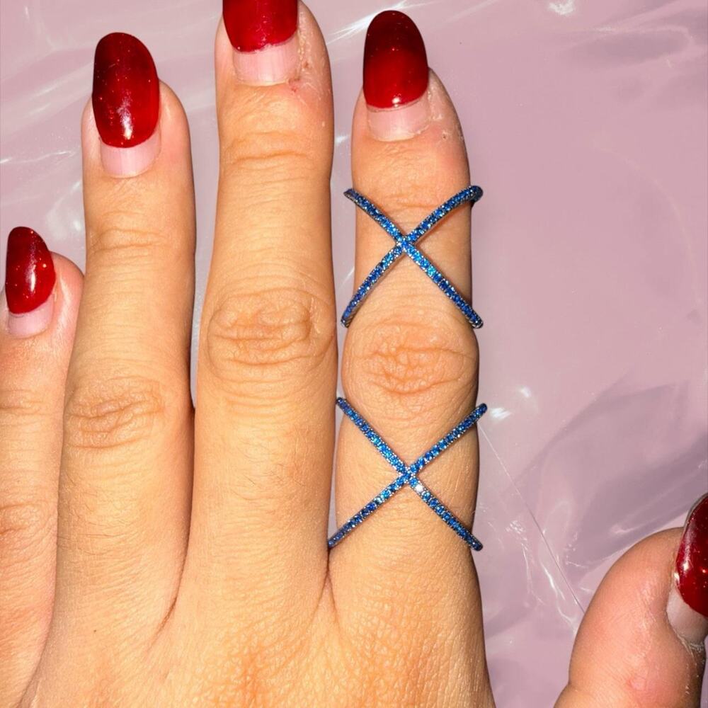 Y2K goth grunge blue gems cross X pavé ring 925 Sterling Silver edgy unique